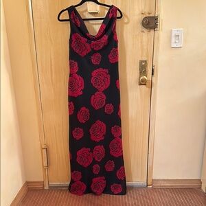 Betsy & Adam Black Maxi Dress with Red Floral Design
